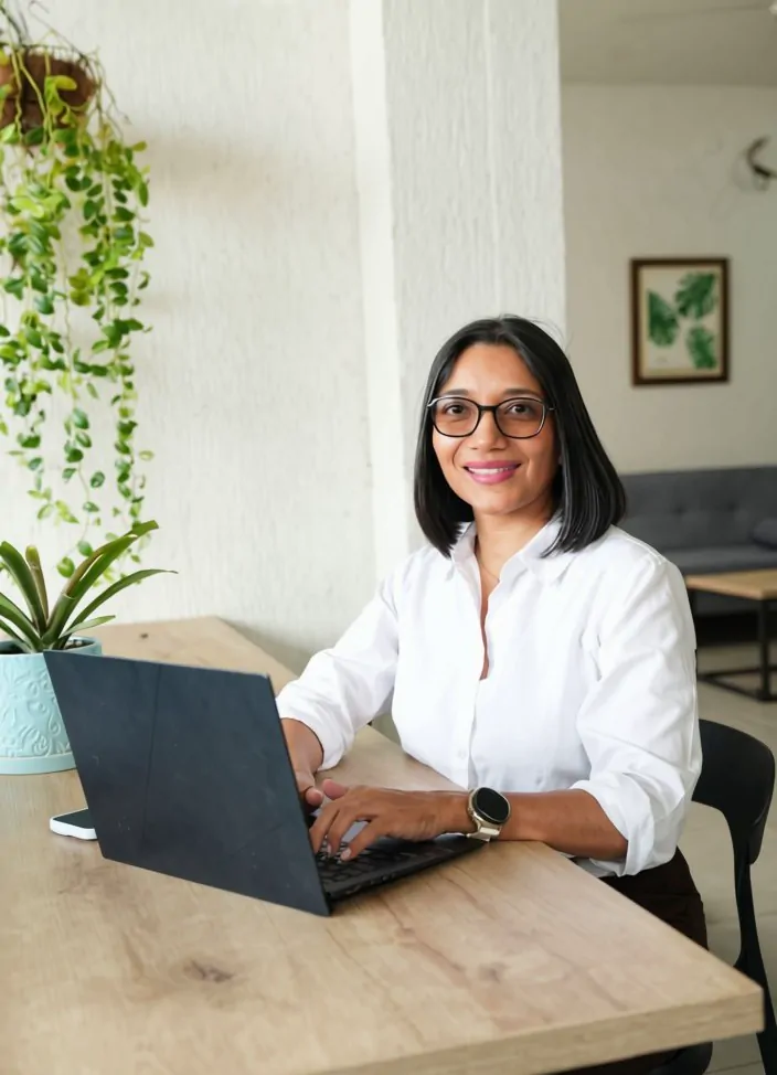 Consultora de GDE trabajando en su portátil en la oficina